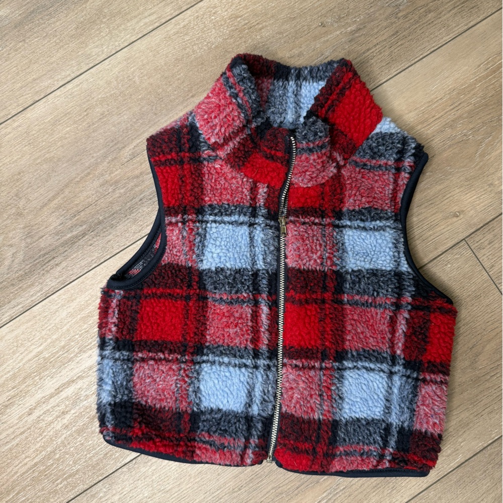 Girls Plaid Fluffy Fleece Zip-Up Vest - Size 7
